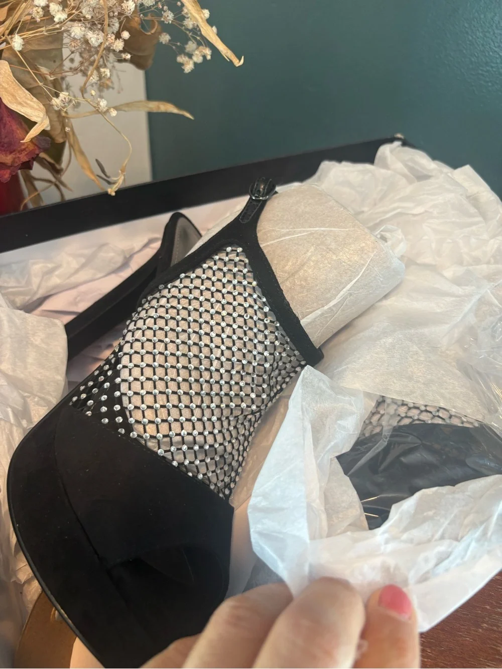 Nine West Black Crystal Mesh Platform Slingback Heels